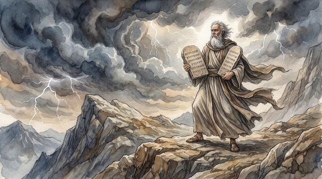Watercolor illustration of Moses holding the stone tablets on Mount Sinai. Old Testament biblical theme with dramatic stormy sky and lightning