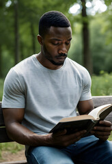Obraz premium Focused young man reading book on park bench