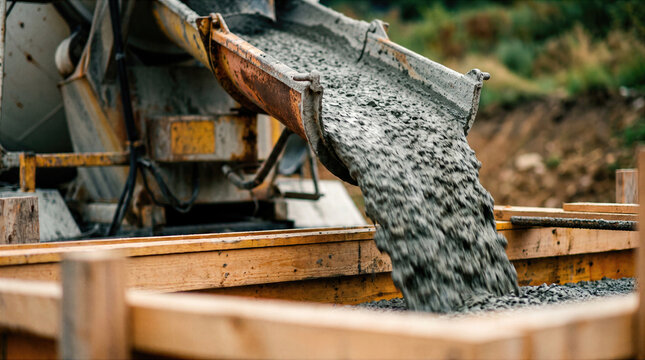 Wet concrete pours from a mixer chute into a wooden formwork at a construction site. Heavy machinery delivers ready mix cement for the foundation. Industrial building work with aggregate material