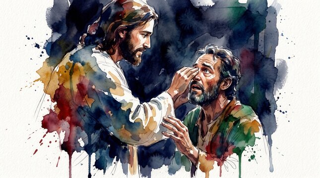 Watercolor illustration of Jesus healing a blind man by touching his eyes. New Testament miracle biblical theme with colorful paint splashes