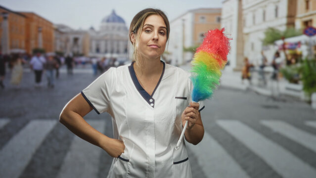 Young uniformed woman cleaner holding rainbow feather duster with hand on hip at city street crosswalk near building; resignation routine.