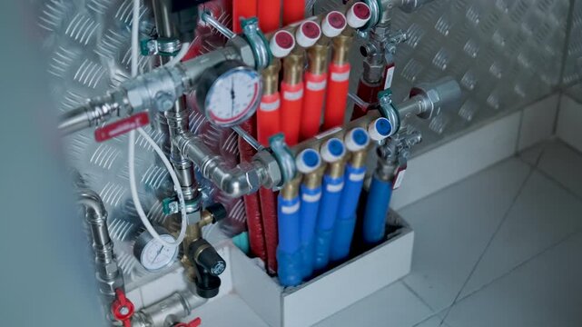 Close-up of a complex underfloor heating distribution manifold with PEX pipes and pressure gauges in a modern boiler room