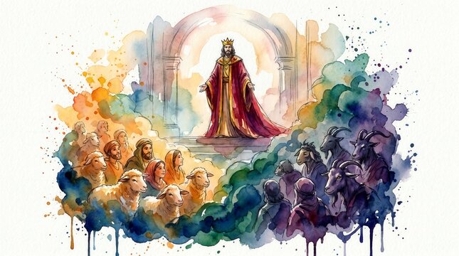 Watercolor illustration of a king separating sheep from goats. Biblical parable of judgment day concept. Christian religious artwork