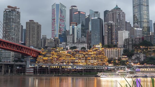 Chongqing cyberpunk city skyline with river and hongyadong night time