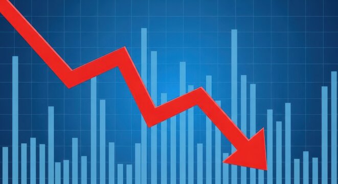 Red arrow pointing down over a blue bar chart representing financial market decline and recession
