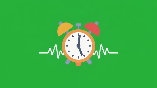 Flat vector illustration of an alarm clock with a heartbeat pulse line on a vibrant green background