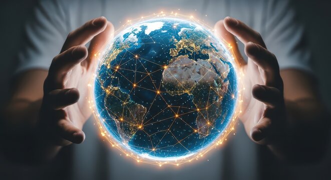Human hands holding a glowing digital earth globe with interconnected global network lines