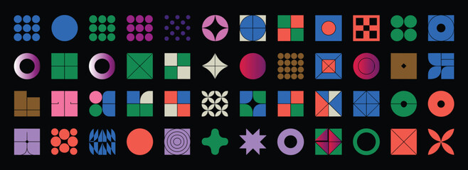Abstract Geometric Pattern: A vibrant and diverse collection of abstract geometric shapes and patterns, artfully arranged on a dark background, creating a visually striking and modern design. © Itz Buddha 