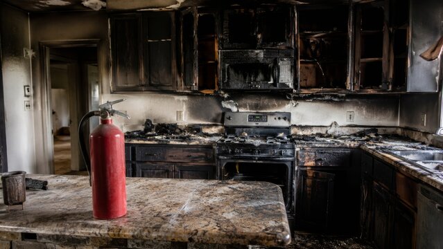 Fire extinguisher in burned kitchen after house fire