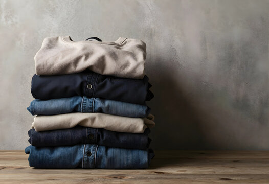 Stack of neatly folded casual clothing including jeans and shirts on a rustic wooden table against a gray wall