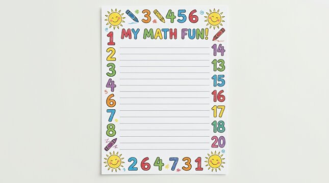 Vibrant and cheerful numeric outer margin template arranged in a portrait orientation for elementary school assignments and learning materials colorful playful number border frame background