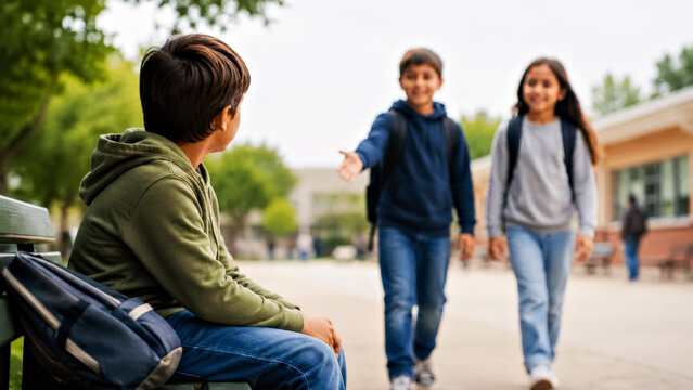 Schoolchildren Approaching and Inviting Seated Classmate to Join Them with Open Hand