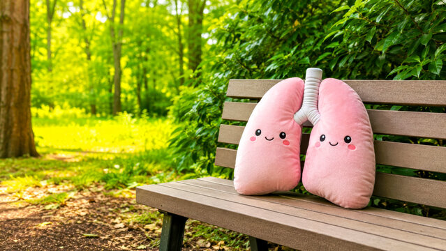 Lung-Shaped Pillow Placed on Bench in Park or Forest Setting in Natural Daylight