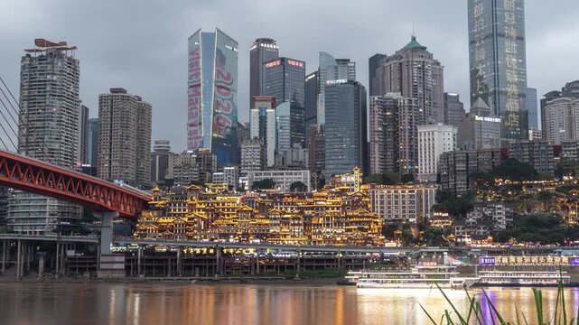 Chongqing cyberpunk city skyline with river and hongyadong night time