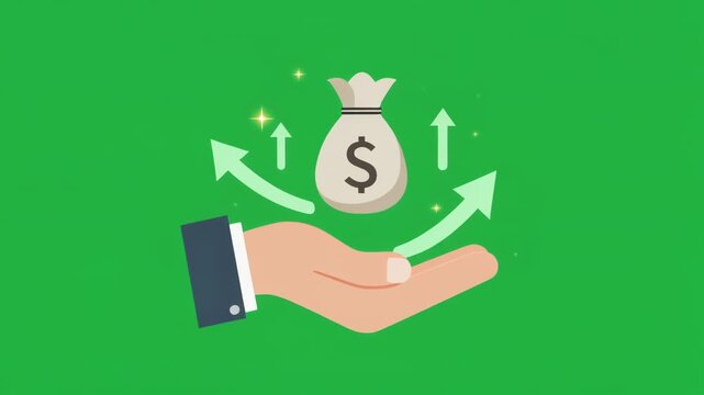 Flat vector illustration of a hand holding a money bag with rising arrows representing financial growth and business profit on a green background