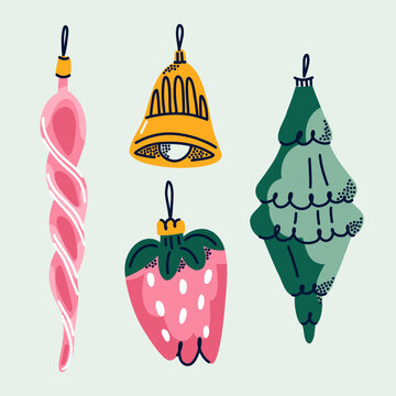 Vintage Glass Christmas Ornaments with Pink Icicle, Strawberry, Bell and Fir Tree, Hand Drawn Retro Holiday Decoration Collection