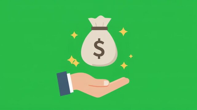Hand holding a money bag with a dollar sign on a green background flat vector business concept illustration