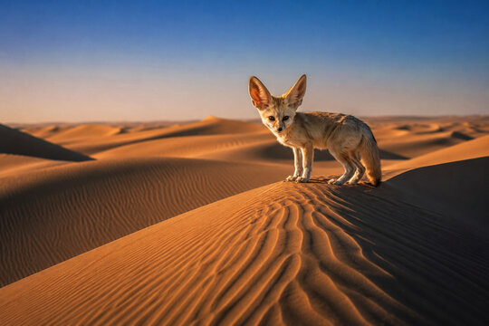 Cute Fennec Fox Standing on Golden Desert Sand Dunes