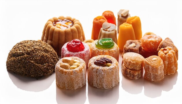 a variety of traditional sweets in different shapes and colors