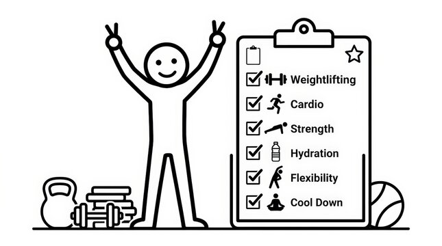 Fitness workout checklist with stick figure athlete, gym training schedule on clipboard, weightlifting and cardio exercise plan illustration
