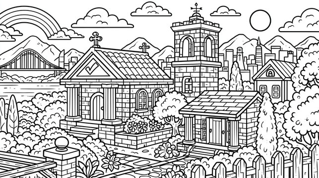 Detailed black and white illustration of a charming village with houses and mountains.