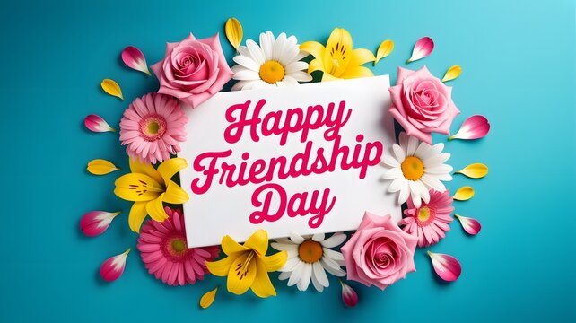 Friendship day floral arrangement with greeting card on teal background