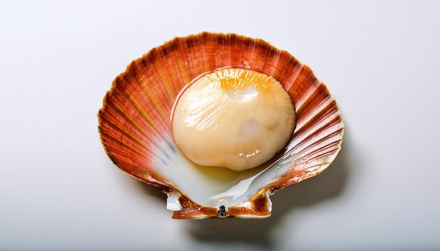 a single fresh scallop rests inside its open shell on a white surface