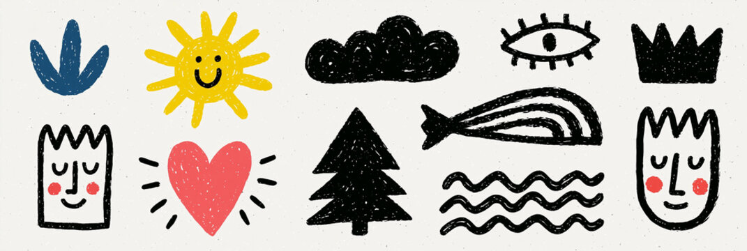 Colorful doodles of nature and emotions featuring sun, hearts, and trees.
