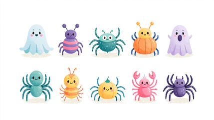 Obraz premium Colorful, cartoon-style sea creatures including crabs, octopuses, and a spider.