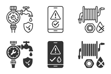 Fototapeta premium Water leak icons with smartphone alerts and plumbing tools.