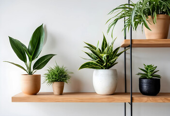Fototapeta premium Decorative indoor plants on wooden shelves with natural light