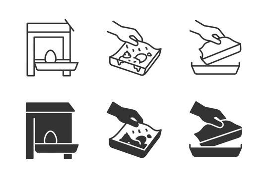 Set of six icon illustrations: hand with squeegee and egg in nest.