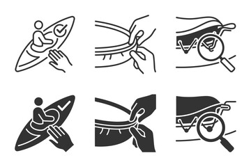 Obraz premium Icon set: kayaking, sewing, and vehicle maintenance symbols.
