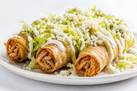 Tacos dorados de pollo con crema y queso, flautas mexicanas