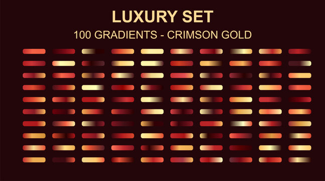 Luxury crimson gold gradients set, 100 metallic red and yellow gradient swatches for vector design, elegant ruby and bronze color palettes for premium branding