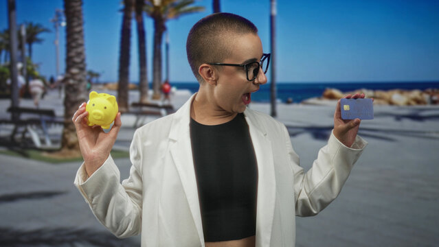 Woman with short hair holding yellow piggy bank in left hand and blue credit card in right, bare midriff visible, smiling and gesturing on a street; saving choice confidence.