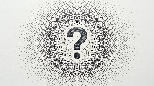 Monochromatic Pointillism Gradient Spreading Outward from Central Inquisitive Symbol  abstract concept query doubt ask problem solution brain mind thinking design pattern texture dots