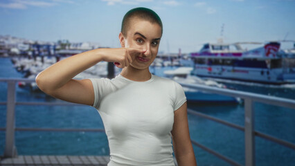 Fototapeta premium Young woman points finger to nose on a marina pier in a studio setting wearing white t shirt; playful confidence.