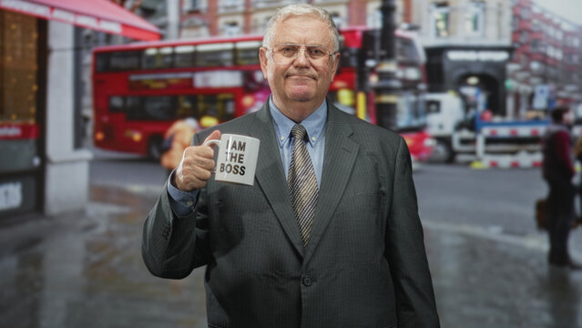 Senior man in suit and tie holding a mug that reads i am the boss, smiling and presenting it by the handle on a busy street with a red double decker bus visible; confidence leadership wit.