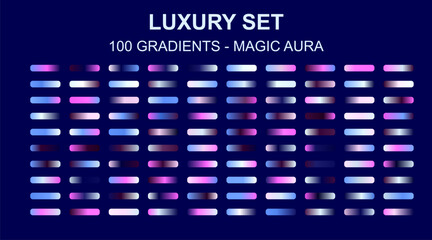 Luxury set of 100 magic aura gradients, vibrant neon purple and blue color swatches, premium glowing palette collection for graphic design and web UI © deesignvalue