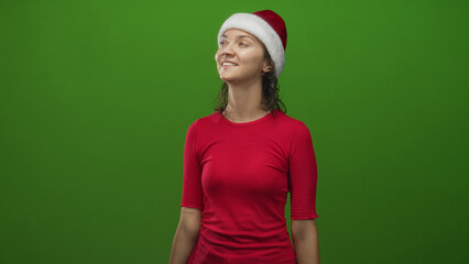 Fototapeta premium Woman in santa hat and red shirt smiles and tilts her head to the right in studio green screen setting; cheerful holiday spirit.