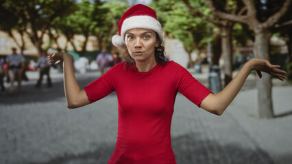 Fototapeta premium Woman wearing santa hat shrugs with palms up on a street plaza amid trees and pedestrians; holiday confusion.