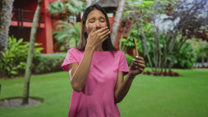 Fototapeta premium Thai woman young southeast asian brunette holds toothbrush and presses cheek with hand in building courtyard while examining it; concern oral hygiene.