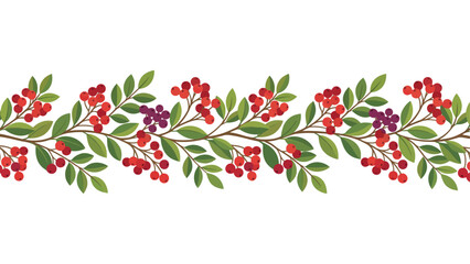 Autumn berry branch border. Seasonal foliage frame with red berries and green leaves. © @ahmedmaynul