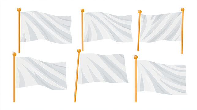 A collection of six blank white flags on yellow poles, symbolizing peace.