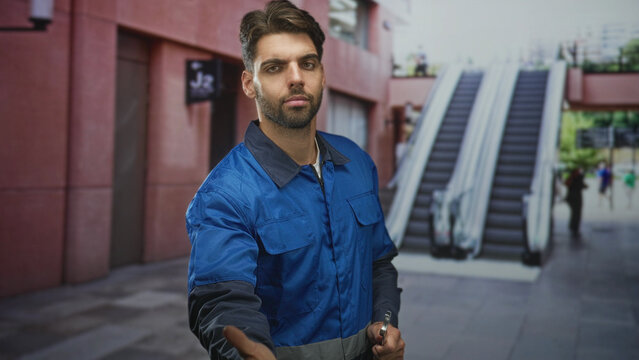 Man in blue work overalls extends right hand offering handshake while holding wrench near escalator in a building entrance; helpfulness service.