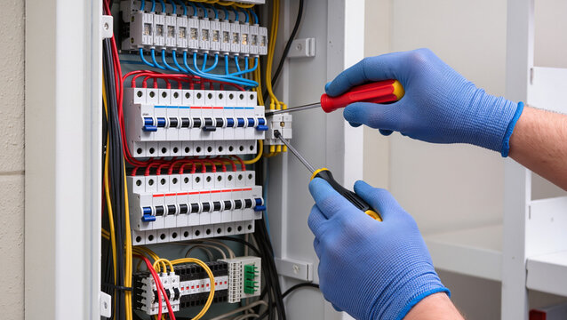 Electrical engineering maintenance, Troubleshooting electrical fuse box, Technician assembling electronic device, Wiring an electrical distribution board, Precision electronics engineering