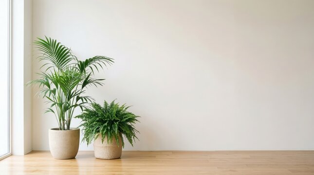 Two potted plants sit on a wooden floor in a bright and airy room with white walls