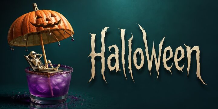 2027 Happy Halloween featuring a skeleton relaxing beneath a jack-o'-lantern cocktail umbrella in a purple drink beside gothic lettering, creating the trendy humorous spooky vacation banner concept
