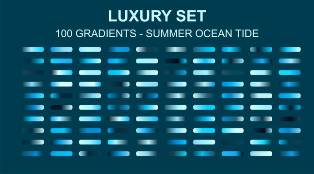 Luxury set of 100 blue gradients, summer ocean tide color palette vector, premium turquoise and navy swatches for UI design, elegant aquatic background collection